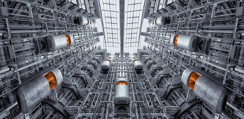 large group of objects, lifts, skylight, building, panoramic, symmetry, no people, transportation, backgrounds, built structure, alloy, indoors, business