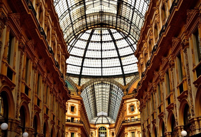 indoors, shopping mall, day, architecture, luxury, galleria vittorio emanuele ii, built structure, the past, ceiling, mural, dome, fresco, 4K, travel