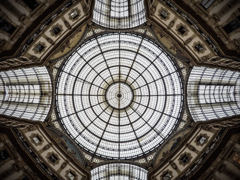 shape, architecture and art, architectural feature, monument, cirlces, no people, ceiling, built structure, skylight, indoors, history, dome, milan, the past