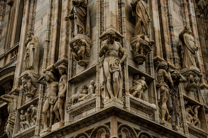 duomo, building exterior, history, sculpture, built structure, ornate, human representation, carving, architecture, place of worship, duomo di milano italy