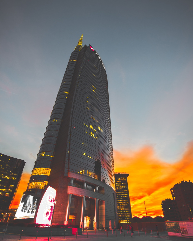 milano, modern, office building exterior, sunset, travel destinations, nature, city, colors, palace, sky, government, low angle view, italy, tall - high