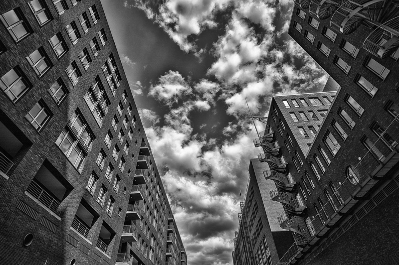 Germany, 1080P, architecture, city, cityscape, stairs, window, HDR, Hamburg, building, worms eye view, monochrome, balcony, clouds