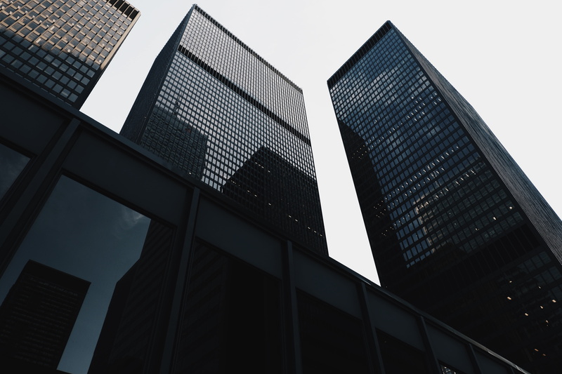 skyscraper, low angle view, no people, office, building, window, architecture, black, minimalism, cabinet, nature, office building exterior, 5K, city