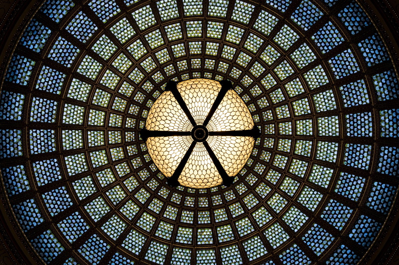 ceiling, geometric shape, dome, geometric, blue, round, colorful, full frame, glass, architecture, stained glass, 4K, chicago cultural center, building