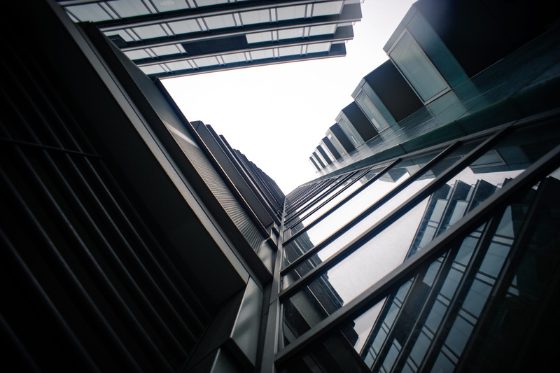 day, no people, nature, condo, staircase, outdoors, low angle view, office building, blue, glass, roof, pedestrian, skylight, architecture, city, directly below