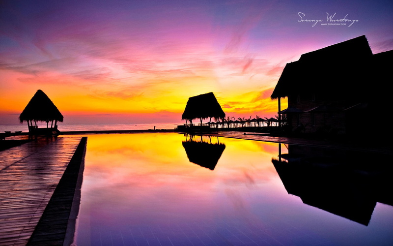 horizon over water, no people, silhouette, water, reflection, nature, hotel, wooden, win, 1080P, resort, sunset, dock, swimming pool, tranquil scene, beauty in nature
