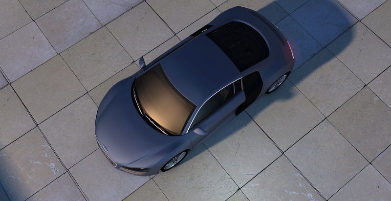 3d model, rendering, stone floor, racing car, computer graphics, flooring, high angle view, Auto, aerial, design, r8, paving stone, modern, indoors, Audi