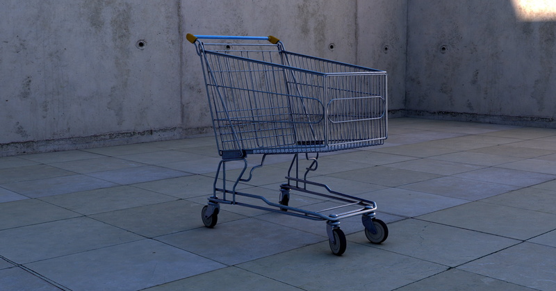 floor, flooring, shopping, single object, wheel, store, 3d, dolly cart, trolley, concrete wall, metallic, tiled floor, monochrome, day, retail, cart, supermarket
