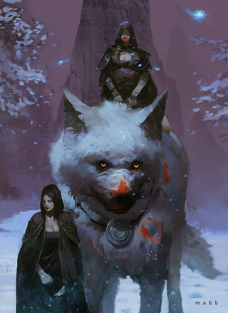fantasy art, blood, two women, digital art, Alex Mabb, creature, artwork, women, illustration, painting, 1080P, snowing, snow, wolf, drawing