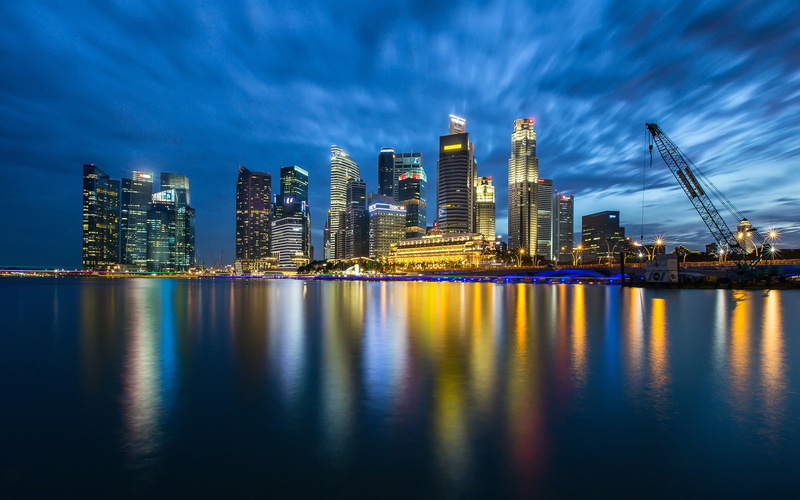 waterfront, cityscape, modern, bay, building, skyscraper, city, 1080P, skyline, financial district, architecture, water, harbor, landscape, illuminated