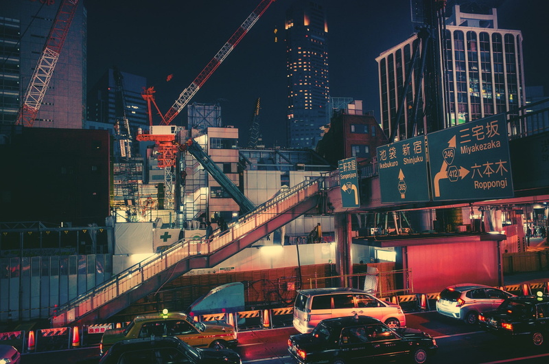 highway, night, city, cranes (machine), Japan, 1080P, town