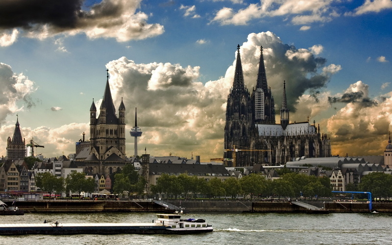 cityscape, antenna, Germany, tower, Cologne, cranes (machine), ship, building, castle, architecture, city, clouds, house, river, Cologne Cathedral, 2K