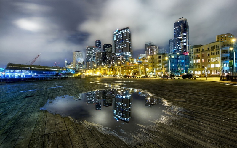 building, street, cranes (machine), sky, skyscraper, USA, water, Seattle, reflection, cityscape, modern, lights, wooden surface, clouds, city, 1080P, puddle