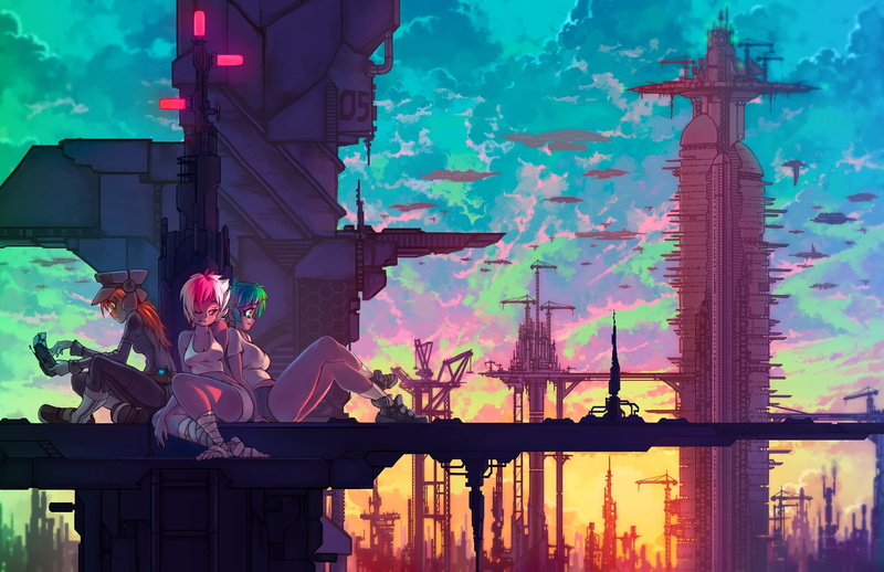 fantasy art, futuristic, cranes (machine), sky, anime girls, anime, airships, technology, clouds, 1080P