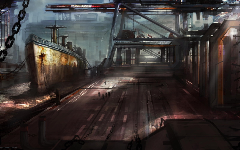 digital, art, dock, cranes, ship, 2K, people, machine, fantasy art, construction, digital art, fantasy, chains