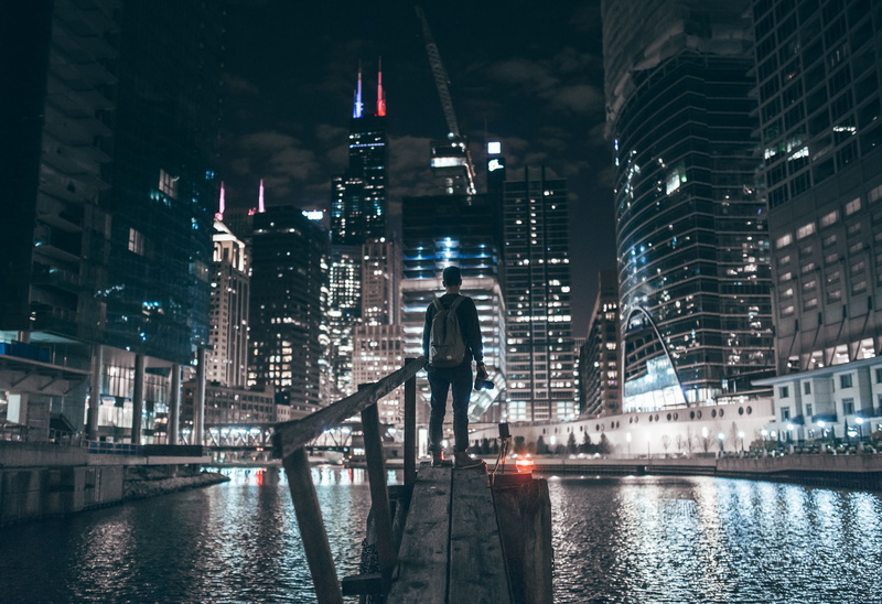 1080P, cranes (machine), skyscraper, night, cityscape, city lights, Chicago, river