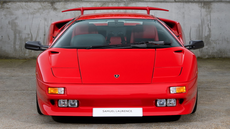 front view, Lamborghini Diablo, red, land vehicle, orange color, city, 1080P, transportation, occupation, stationary, outdoors, car, mode of transportation