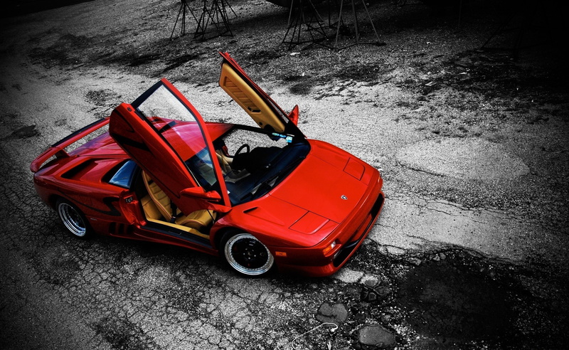 day, mode of transportation, vignette, land vehicle, abandoned, high angle view, no people, street, nature, car, Lamborghini Diablo, city, orange color