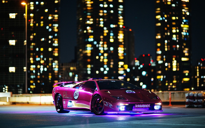 Purple, Lamborghini, Buildings, 1080P, pink, Supercar, Lights, diablo, Night