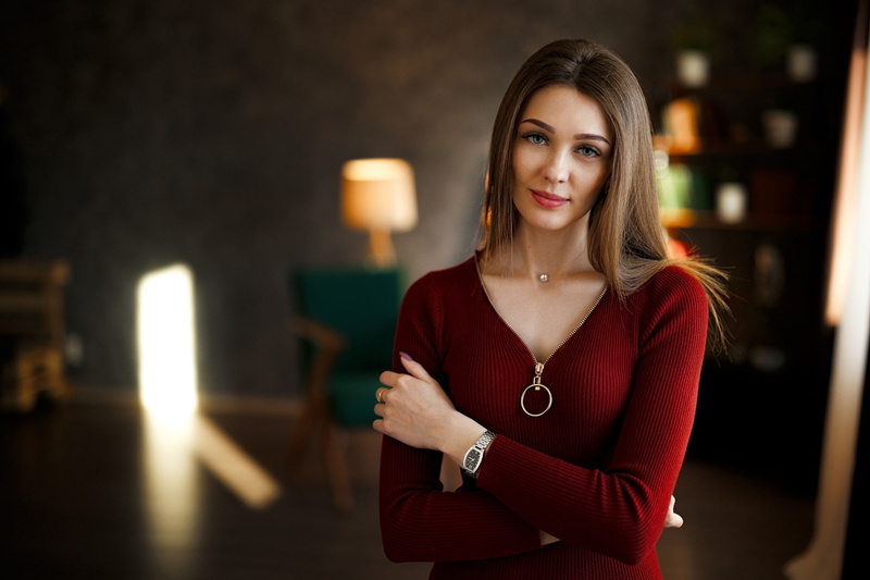 women indoors, 1080P, model, red sweater, portrait, zipper, women