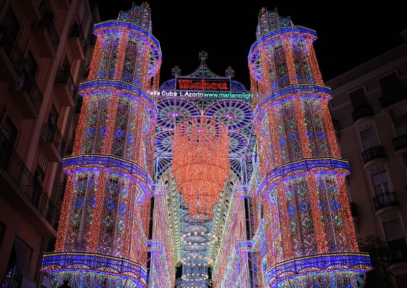 lighting equipment, building, string, illuminated, lights, ornate, building exterior, 1080P, light, Valencia, Valence, Spain, multi colored, night, art and craft