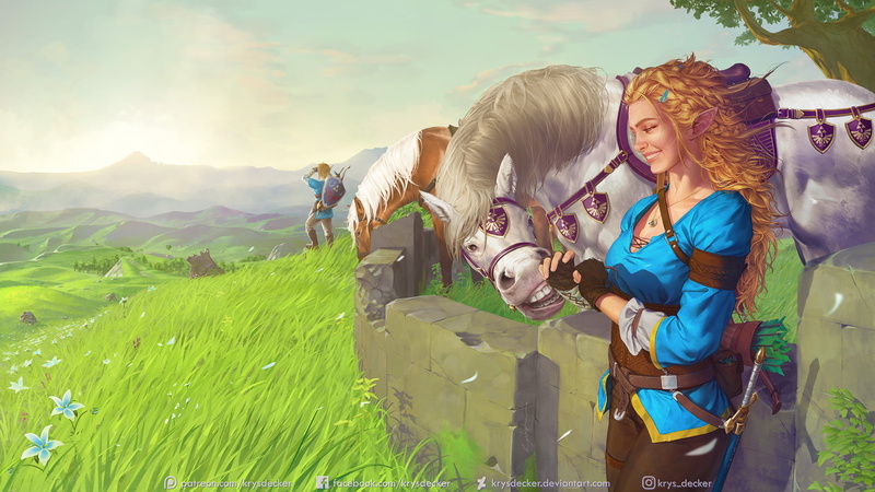 The Legend of Zelda, Princess Zelda, elves, wavy hair, necklace, profile, braids, braided hair, drawing, artwork, video game art, digital art, smiling