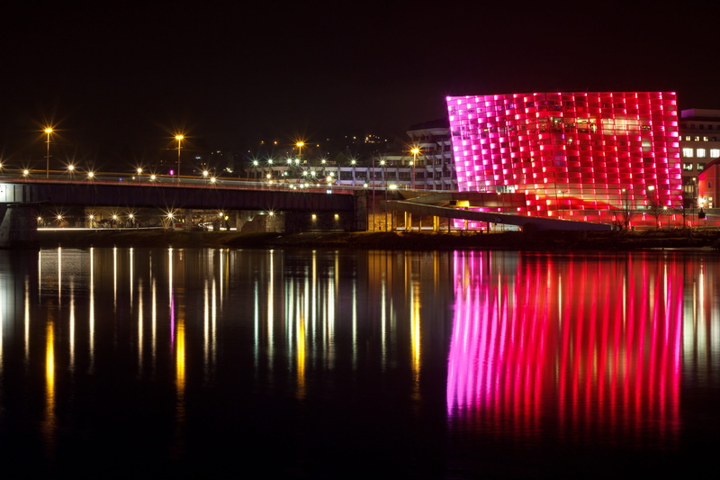 austria, outdoors, city, water, skyscraper, linz, river, night, city life, illuminated, bridge, building exterior, 5K, cityscape, connection, ars electronica center