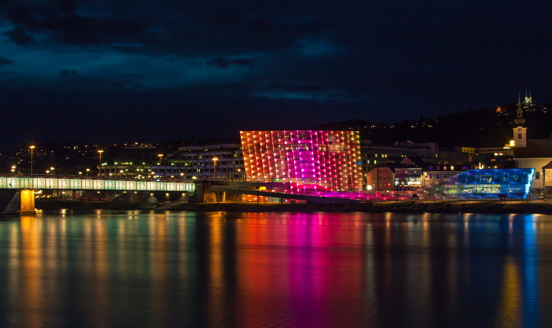 museum, no people, austria, travel destinations, ars electronica, illuminated, reflection, 4K, built structure, sky, upper austria, danube, skyscraper