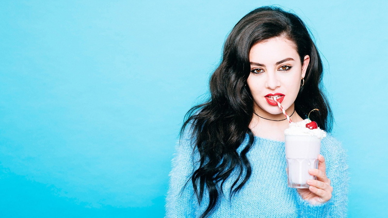blue, looking at camera, long hair, milk, indoors, dairy product, 1080P, colored background, young adult, drink, glass, Charli XCX, food and drink, adult