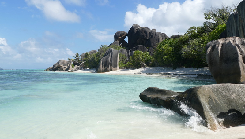 outdoors, green, granite rock, solid, rock, turquoise colored, land, rock - object, sky, scenics - nature, lagoon, anse source dargent, la digue, rock formation