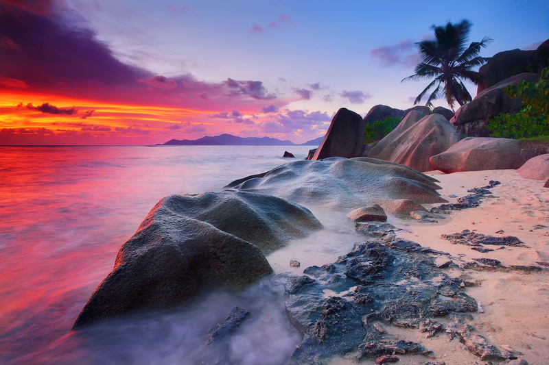 The Indian ocean, motion, the sky, palm trees, sky, stones, long exposure, cloud - sky, scenics - nature, rocks, rock - object, formation, flowing water