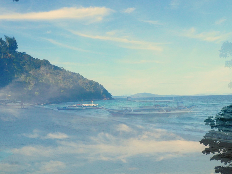sky, beach, philippines, double exposure, cloud - sky, 4K, tranquility, day, blue, land, nature, island, waterfront, coconut island, reflection, mountain