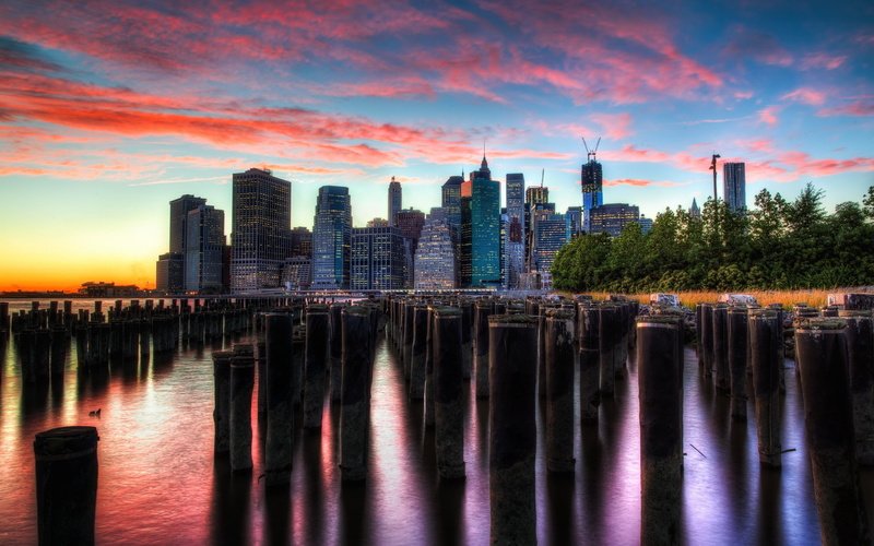 wooden post, landscape, outdoors, city, HDR, financial district, cityscape, cloud - sky, New York City, 2K, reflection, building, waterfront, building exterior