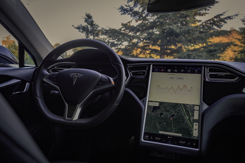 tesla, no people, control panel, dark, matte, mode of transportation, 5K, car, model, electric car, steering wheel, speed, model s, display, map, dashboard