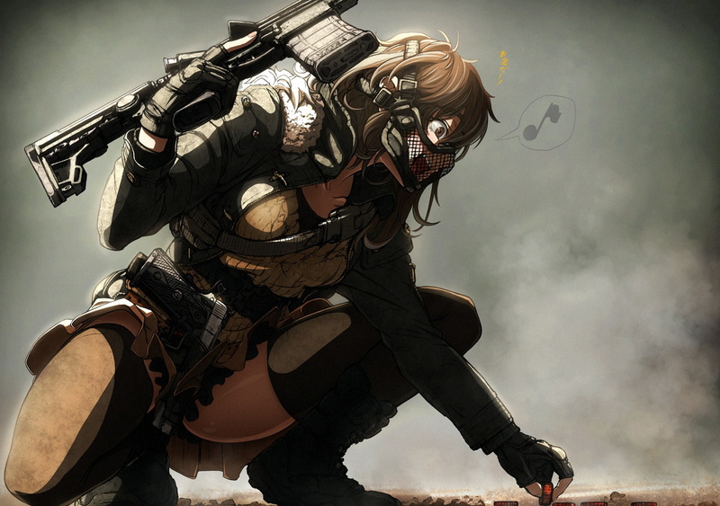 konachan, gloves, boots, brown, imizu, thighhighs, gradient, 720P, gun, com, military, weapon, original, mask, eyes, unknown), 235557, (nitro, hair