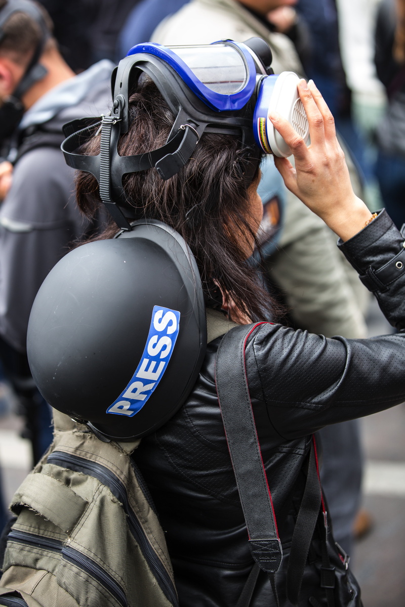 barricade, black color, gas bombs, security, 5K, leather, clothing, gas mask, safety, violence, focus on foreground, people, leather jacket, adult, journalist
