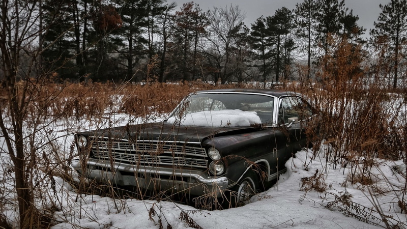 Ford USA, outdoors, day, field, damaged, land vehicle, winter, land, transportation, vehicle, tree, car, deterioration, mode of transportation, motor vehicle