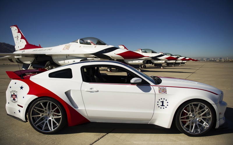motor vehicle, clear sky, Ford Mustang, vehicle, airplane, side view, outdoors, sky, stationary, red, 2K, travel, aircraft, car, luxury, land vehicle