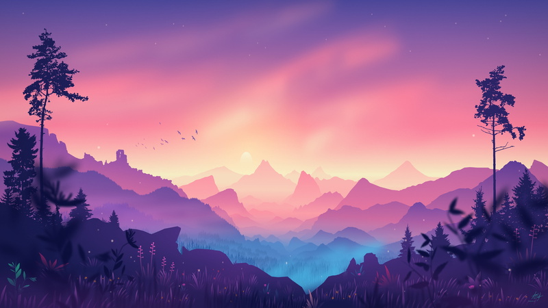 trees, artwork, digital, valley, mountains, purple, warm, 4K, digital art