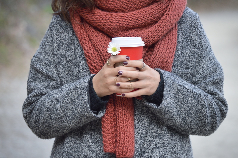 outdoors, people, caucasian Ethnicity, front view, cup, wearing, coffee - Drink, cardigan Sweater, one Person, holding, scarf, drink, sweater, cold - Temperature