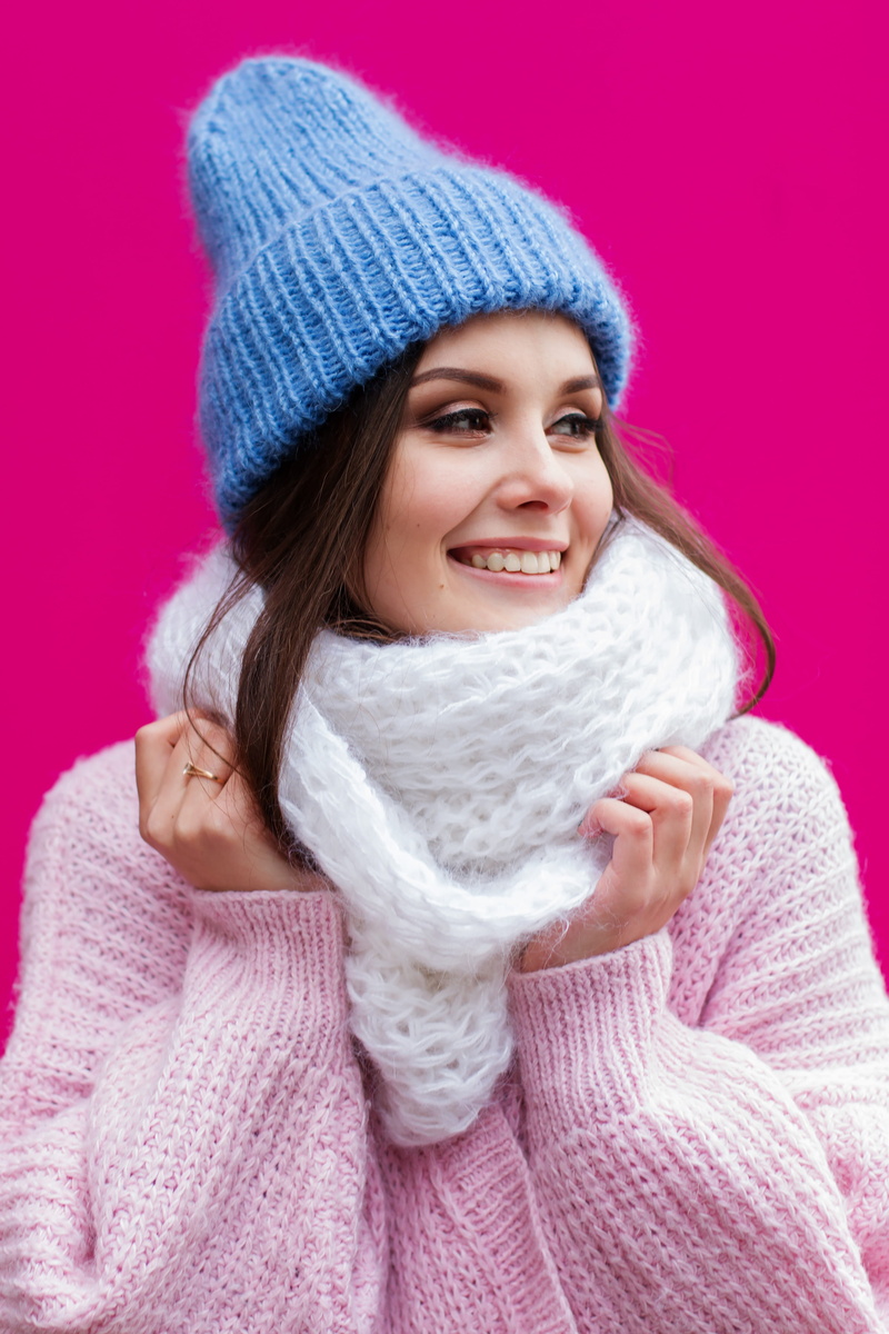 knitted, person, young adult, woman, pink, eyes, mitten, white, 4K, knit hat, clothing, grown up, one person, makeup, positive emotion, glove, beautiful woman