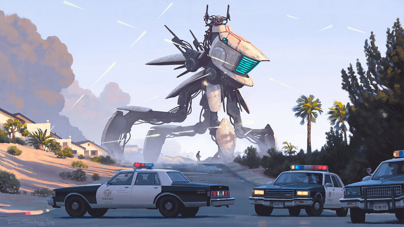 police, artist, the fire, 1080P, Simon Stålenhag, robot, cottages, Simon Stelenhag, fiction, art