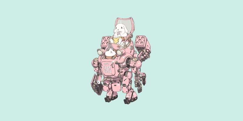 4K, Ren Wei Pan, Rabbits, Art, Gun, Fantasy, Character, Robot, Armor, Illustration, Style, baby, Girl, Minimalism, Machine, BABY GEAR, Bunny, Weapon