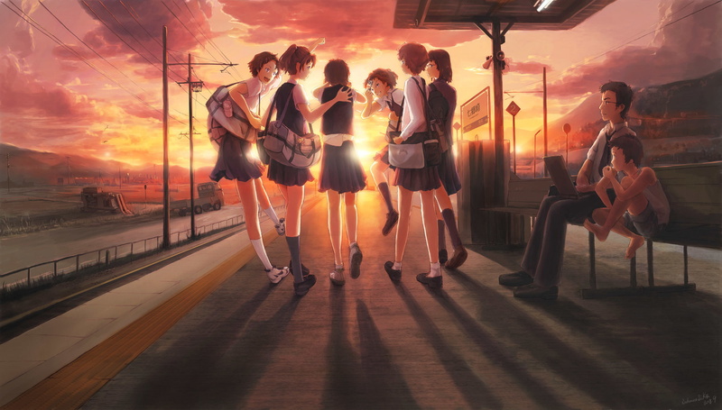 the sky, art, Schoolgirls, male, signs, characters, sunset, posts, wire, bench, machine, boy, clouds, bag, shii a port at, the camera, girls, anime, 1080P