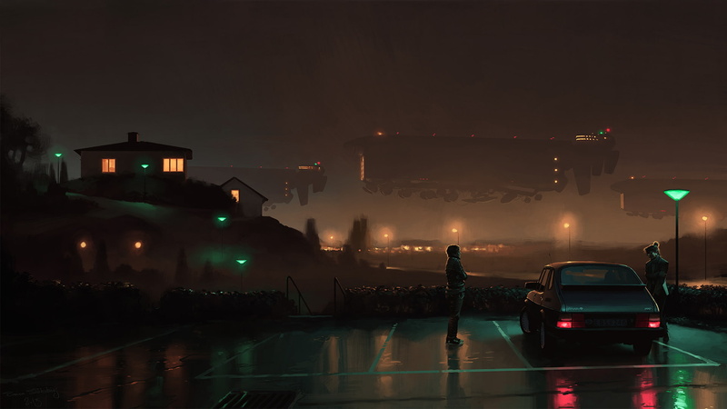 girl, 1080P, no people, fiction, pair, artist, mode of transportation, CAN 900, motor vehicle, nightlife, car, city lights, Simon Stålenhag, sky, street