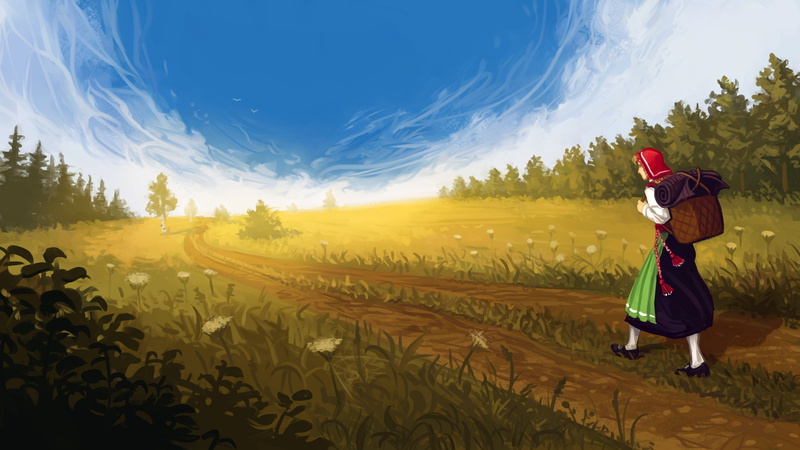 4K, forest, road, girl, flowers, the sky, art, clouds, field