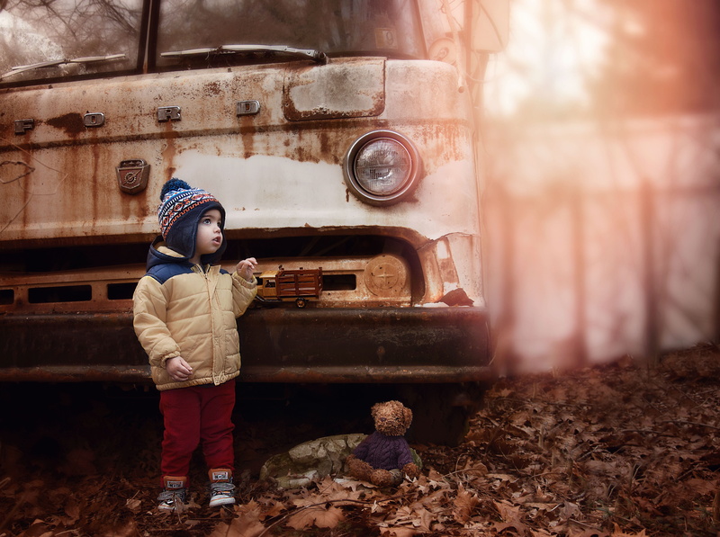 4K, zip, rusty, wearing, standing, clothing, fall, jacket, toddler, casual clothing, outdoors, leisure activity, wear, old truck, males, boy, truck, hood - clothing