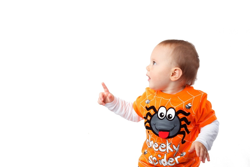 shirt, costume, smiling, Spider, child, casual clothing, orange color, indoors, black, baby, childhood, 1080P, one person, print, and white, lifestyles