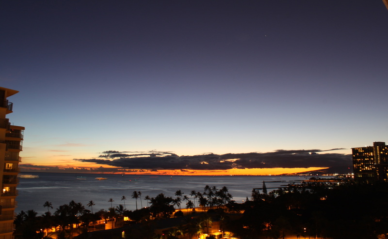 sky, silhouette, island, sundown, night, resort, no people, hawaii, oahu, Travel, architecture, water, sunset, Islands, built structure, dusk, nature, light