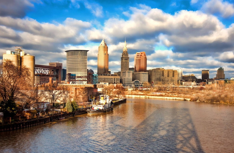 architecture, skyscraper, building, water, nature, reflection, office building exterior, sky, cityscape, city, built structure, Cleveland, 1080P, urban skyline